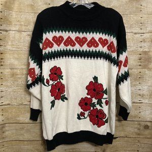 Rafael Vintage Sweater Size Large Multicolor Hearts Flowers Applique 3/4 Sleeve